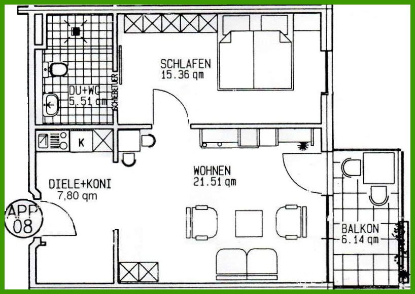 Beispiel Appartement Grundriss 51,74 qm